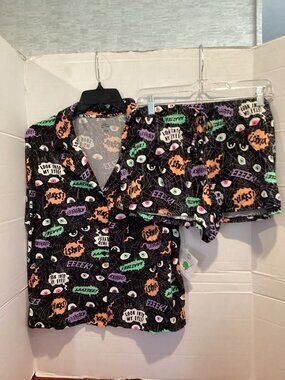 T100-Ladies Black Spider Web Print Shorty 2 Piece Pajama Set Size Large New